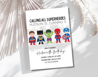 Plantilla editable de invitación de cumpleaños de superhéroes, invitación de fiesta de cumpleaños imprimible, plantilla de invitación a fiesta para niños, tarjeta de cumpleaños de superhéroe