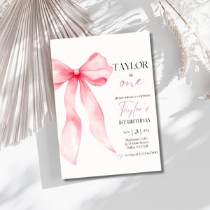 Pink Bow 1st Birthday Invitation Girl, First Birthday Template Printable, Pink Coquette Bow Invitation 1st Birthday Girl Invite, Bow Invite