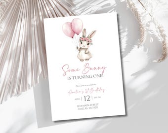 Pink Minimalist Easter Bunny Birthday Day Invitation, Girl Some Bunny Birthday Invitation, Spring 1st Birthday, Printable Template