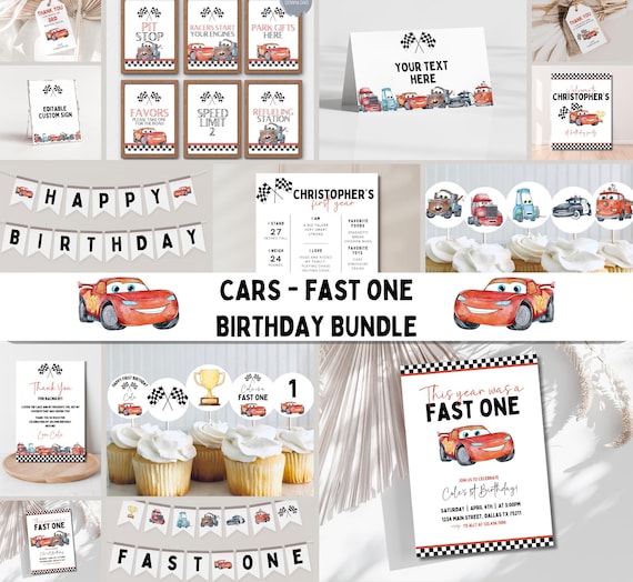 Cars Birthday Party Invitation Bundle, Lightning Mcqueen Birthday, Cars Party Invite, First Birthday Party Invitation, Fast One, 1, Cars