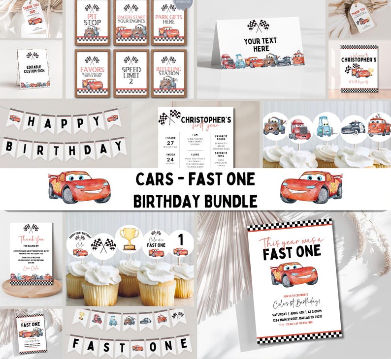 May include: A Cars-themed birthday party printable bundle with a red race car, checkered flags, and the text "Cars - Fast One Birthday Bundle". The bundle includes a variety of printable items, such as invitations, thank you cards, cupcake toppers, and banners.