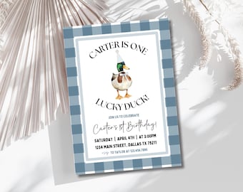 One Lucky Duck Invitation Template, First Birthday Duck, Lucky Duck Birthday Invitation, Editable One Lucky Duck Template, Instant Download