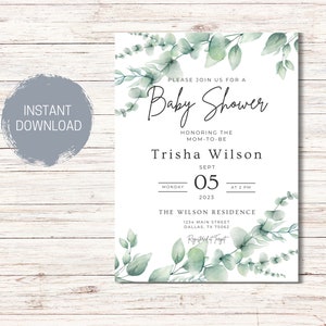 GREENERY BABY SHOWER Invitation Template Editable Eucalyptus Greenery Baby Shower Invitation Gender Neutral Baby Shower Invite
