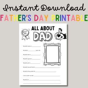 Alles über meinen Vater zum Ausdrucken, Vatertagsgeschenk von Kinderinterview, Vaterfragebogen, Füllen Sie die leere Vatertagskarte aus, sofortiger Download