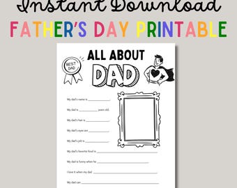 All About My Dad Printable, Fathers Day Gift From Kids Interview, Dad Questionnaire, Fill In The Blank Fathers Day Card, Instant Download