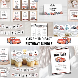 Cars verjaardagsfeestje uitnodigingsbundel, Lightning Mcqueen verjaardag, auto's feestuitnodiging, tweede verjaardagsuitnodiging, twee snel, 2, auto's
