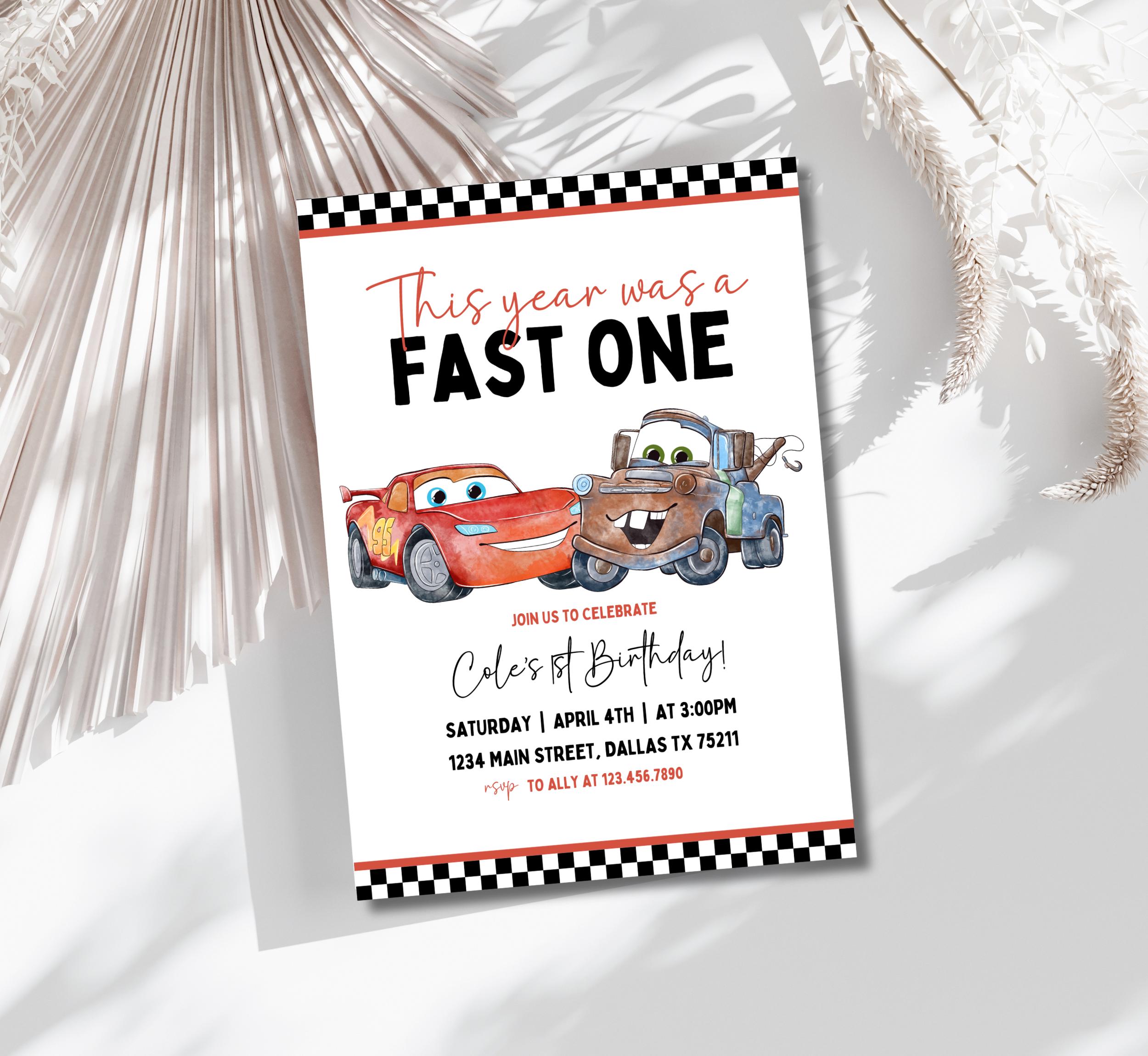 Editable Cars Birthday Party Invitation, Lightning Mcqueen Birthday, Cars Party Invite, First Birthday Party Invitation, Fast One, 1, Cars