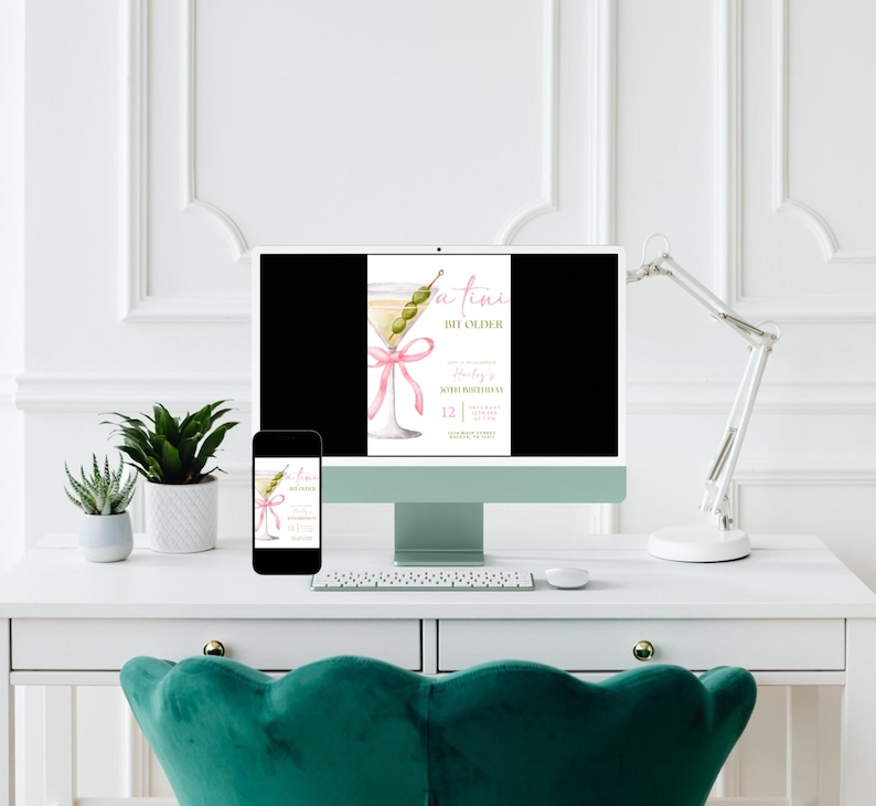 May include: A digital invitation for a birthday party with a martini glass illustration and the text "A Few Bit Older" and "Partying & 30th Birthday".