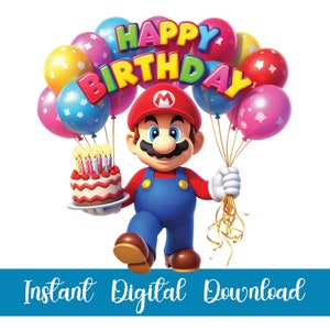 Super Mario verjaardag Png, Mario Bros feestvarken Png, Mario Holding ballon en taart Png, Mario Clipart, Happy Birthday Png, Cartoon Png.
