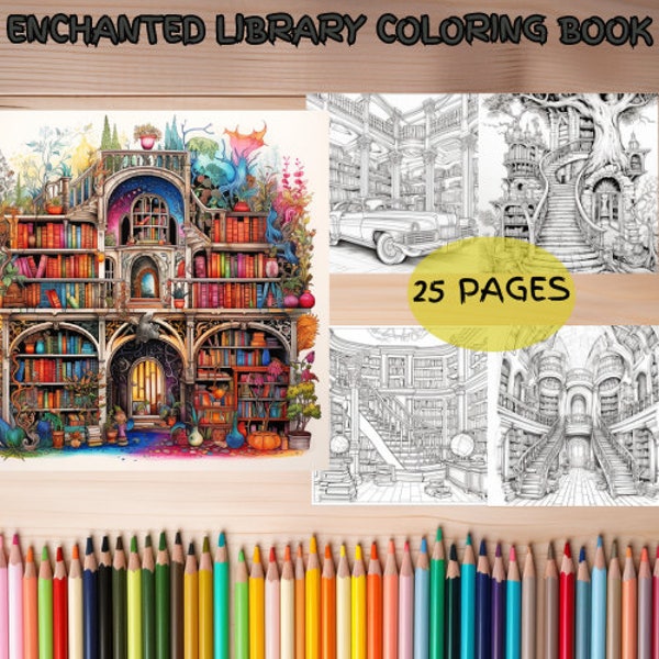 25 Enchanted Library -Themed Coloring Pages, Adult Coloring Book, Digital Print, Decorative Books, Instant Download, Digital Art, Ai Art.
