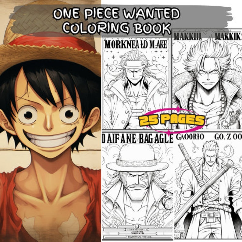25 One Piece Wanted Coloring Pages, Adultkids Coloring Book, Digital