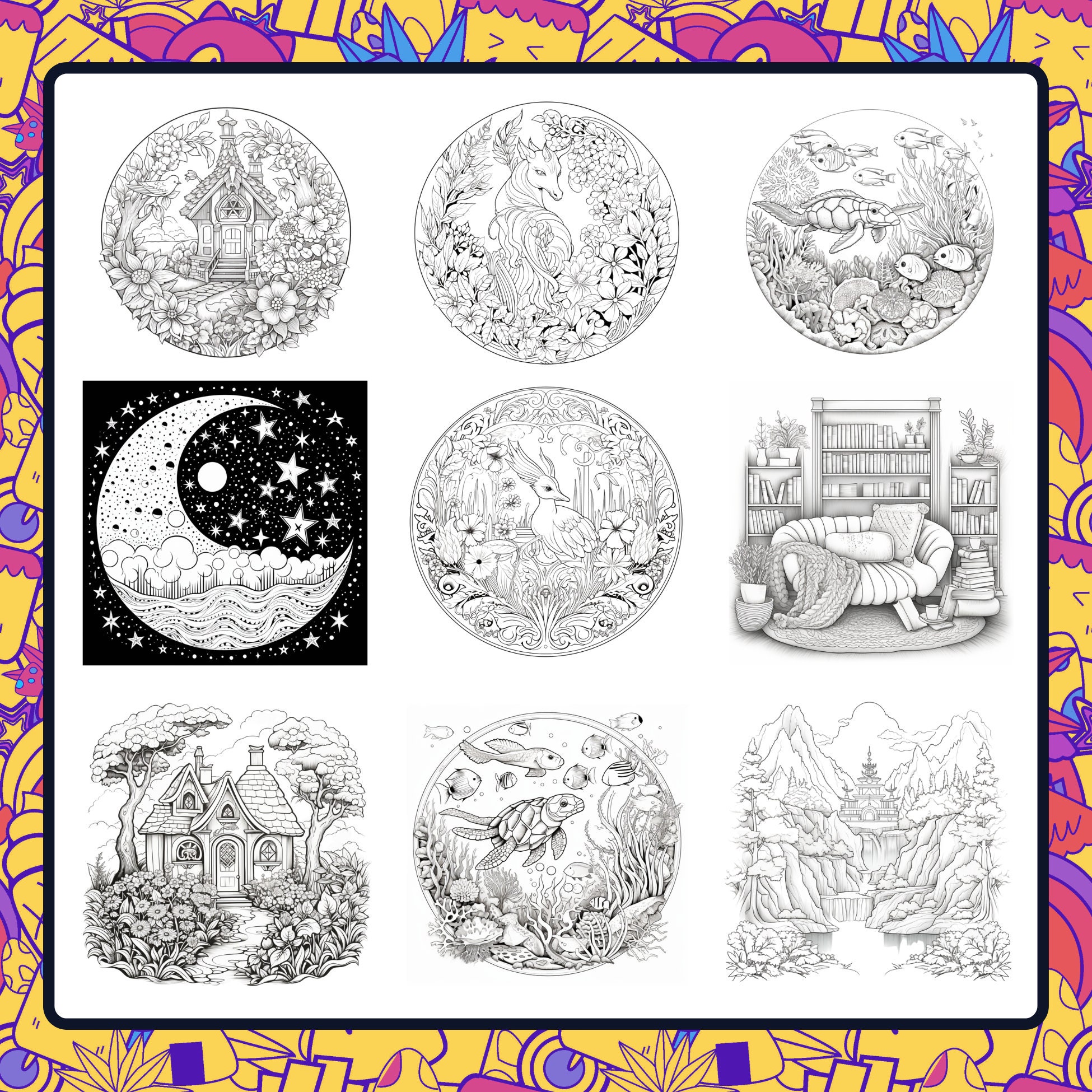 25 Artful Serenity-themed Coloring Pages, Adult Coloring Book, Digital