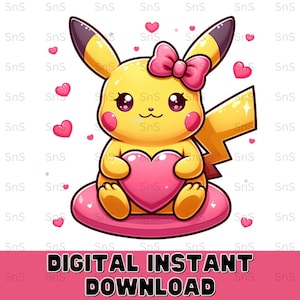 Poke Love Png, Pikachu Holding Heart Png, Poke Love Png, Kawaii Poke Png, Cute Retro Poke Png, Kids Toddler Cartoon Png, Digital Download.