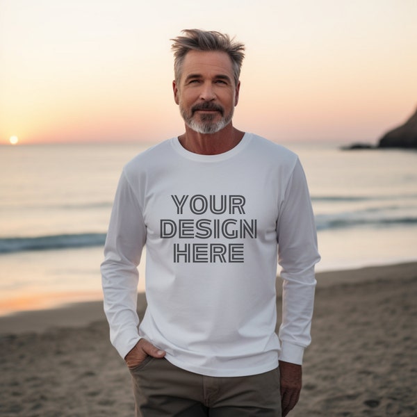 Bella Canvas 3501 Long Sleeve Mockup, White Long sleeve, 3501 Mockup, White Long Sleeve T-Shirt Mock up, Man Model Mockup, Trendy Mockup.