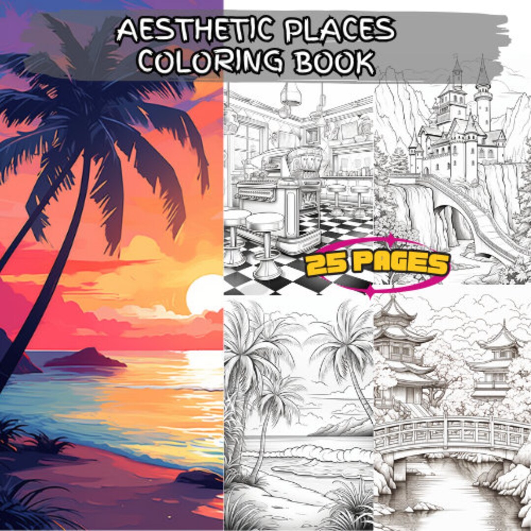 25 Aesthetic Places-themed Coloring Pages, Adult+kids Coloring Book ...