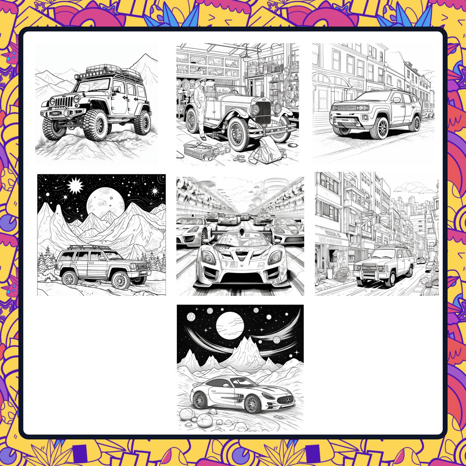 25 Car-themed Coloring Pages Adult Coloring Book Digital - Etsy