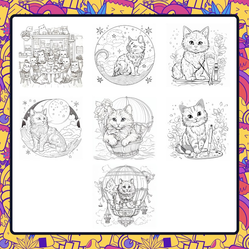 25 Cat-themed Coloring Pages, Adult Coloring Book, Digital Print ...