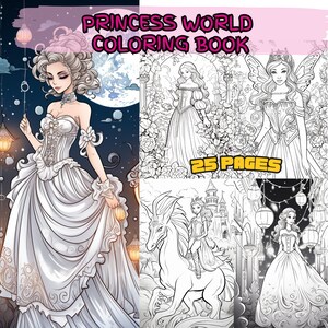 25 Princess World -Themed Coloring Pages, Mandala Coloring pages, Adult Coloring Book, Wedding coloring book ,Instant Download, Printable