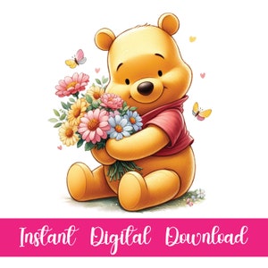 Pooh Flower Png, Bear Floral Png, Bloemen Png, Pooh Floral Png, Schattige Pooh Png, Kawaii Pooh Cartoon, Kids Peuters Png, Stripfiguur.