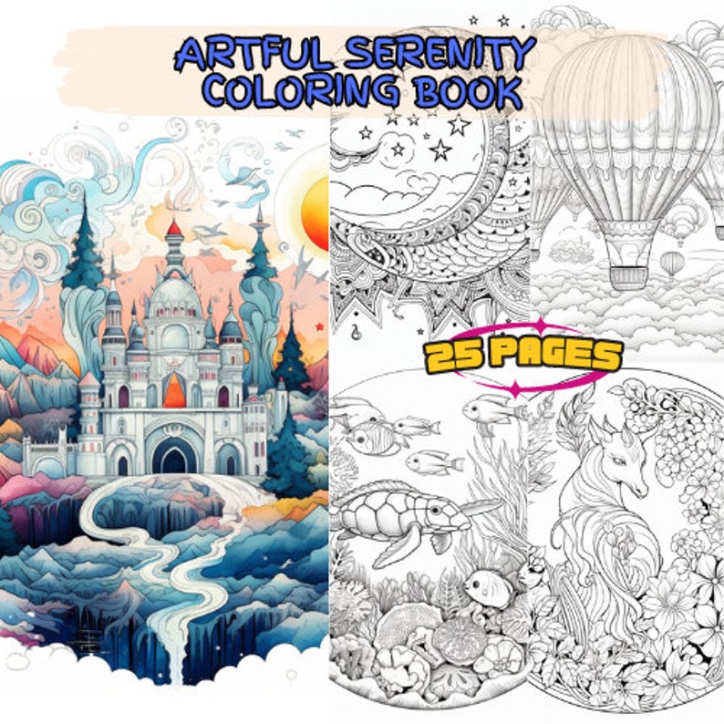 25 Artful Serenity-themed Coloring Pages, Adult Coloring Book, Digital