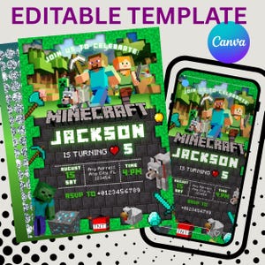Invitation d'anniversaire Minecraft modifiable, invitations d'anniversaire Minecrafter, invitation d'anniversaire Minecraft, invitation de joueur, toile modifiable