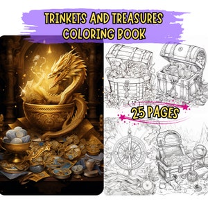 25 Páginas Para Colorear Con Temática De Baratijas Y Tesoros, Libro Para Colorear Para Adultos Y Niños, Impresión Digital, Libros Decorativos, Páginas Para Colorear En Escala De Grises, Ai