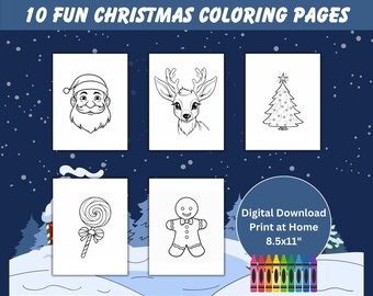 May include: 10 black and white Christmas coloring pages featuring Santa Claus, a reindeer, a Christmas tree, a lollipop, and a gingerbread man. Digital download, print at home, 8.5x11 inches.