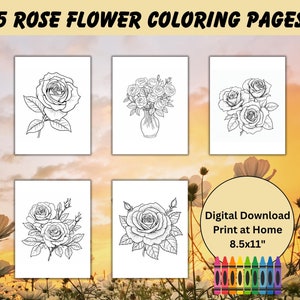 Rose Coloring Pages Flowers Coloring Pages for Kids Printable Fun Activity Digital Download