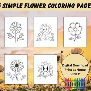 Simple Flower Coloring Pages Flowers Coloring Pages for Kids Printable Fun Activity Digital Download