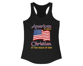 Camiseta de tirantes "American by Birth", "Cristiana por la gracia de Dios", "Bandera estadounidense", "Cristiana con gráficos", "Espalda deportiva", color negro