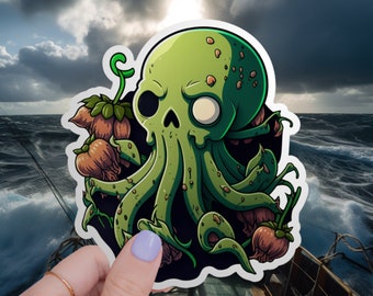 Skull Octopus Sticker Vinyl Kiss-Cut Goth Water Bottle, Hydro flask, Guitar, Macbook, Skateboard, Green Cute Octopus Stickers Gift for Emo