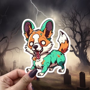 Zombie Corgi Sticker Funny Vinyl Cute Creepy Halloween Decal for Water Bottle, Guitar, Macbook, Skateboard and more. Gifts for pet owners