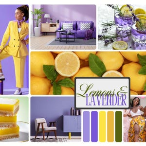 Puede incluir: Un tablero de humor con una paleta de colores amarillo, morado y verde. El tablero presenta a una mujer con un traje amarillo, limones, lavanda, un sofá morado y un postre con relleno de limón. El texto "Lemons & Lavender" aparece en el tablero.