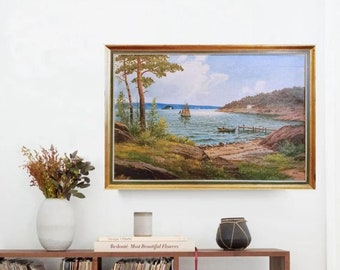 Vintage Norwegian Oil painting "Coastal landscape with sailboats", Scandinavian national romance art, oil on canvas