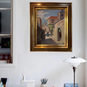 ca.1950s Oil Painting &quot;Street Corner&quot;, Oil on Plate, artist signed, high wuality wooden frame, Scandinavian Fine Art