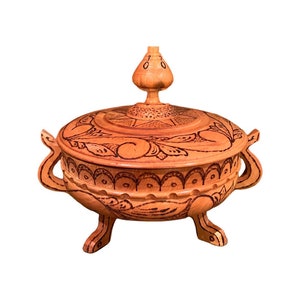 Dated 1976 primitive Norwegian wooden tureen with Scorched rosemaling pattern, collectible folk art, country/ farmhouse style