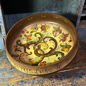 Dated 1985 Dia.37cm LARGE rosemaling Ale/ beer bowl, professional Norwegian Telemark Rose painting folk art, wedding/ housewarming,signed