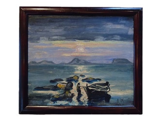 18/1900s Small Oil Painting "Fishing Boat in the Moonlight", artist signed, 37x32 cm