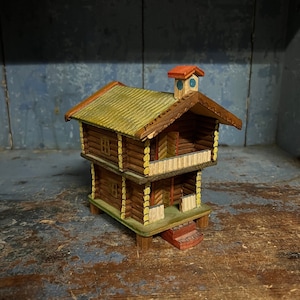 ca. 1950s Vintage Norwegian handcrafted miniature wooden cottage/cabin Piggy Bank, Kids Bank, Money Box , table decor. collectible