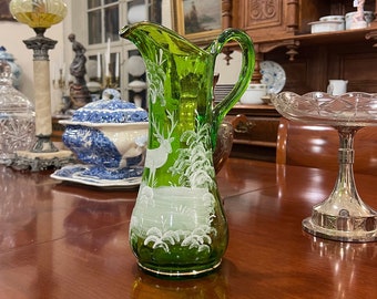 1800s BACCARAT style glass pitcher vase with hand painted enamelled relief scene deer mitif, hand blown glass, LARGE