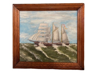 Dipinto ad olio marittimo "Veliero in mare", arte norvegese, firmato e datato dall'artista, cornice in legno massello