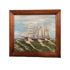Maritime Oil Painting &quot;Sailing Ship At Sea&quot;, Norwegian art, signed and dated by artist, solid wooden frame