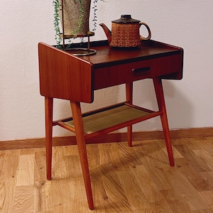 No.2 of 2 - 1960s Nordic/Danish Teak Night Stand / Side Table, Entre table with woven rattan under shelf, Scandinavian Mid-century modern
