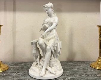 Large 1800s Sculpture "Diana, Hunting and Moon Goddess", primitive antique Biscuit Porcelain, collectible biscuit group