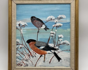 c. 1970 Óleo sobre lienzo "Pinzones en la nieve" Arte clásico noruego, óleo sobre plancha, firmado por el artista, marco de pino