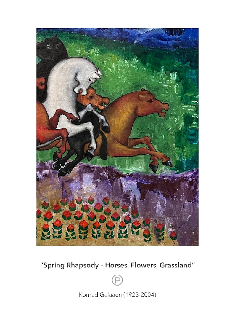 May include: An abstract painting titled "Spring Rhapsody" depicts several horses in motion, rendered in shades of brown, white, and black. The background features green and blue hues, with a foreground of red flowers. The artist is Konrad Galaaen.