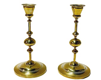 1800s antique Georgian brass candlesticks, Scandinavian/ Norwegian home decor center piece, patina, RUSTIC, wedding gift