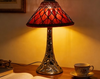 Lámpara de mesa de bronce y ratán, estilo Arts & Crafts, c. 1920-30.