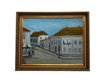 Pintura al óleo "Farmacia del Cisne", arte noruego, óleo sobre lienzo de Helene Andersen, arte escandinavo.