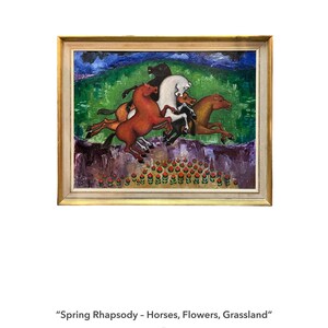 May include: An oil painting titled "Spring Rhapsody" depicts a vibrant scene of horses galloping across a green landscape. The artwork features a gold frame and a colorful array of flowers at the bottom. The painting is signed by Konrad Galaaen.